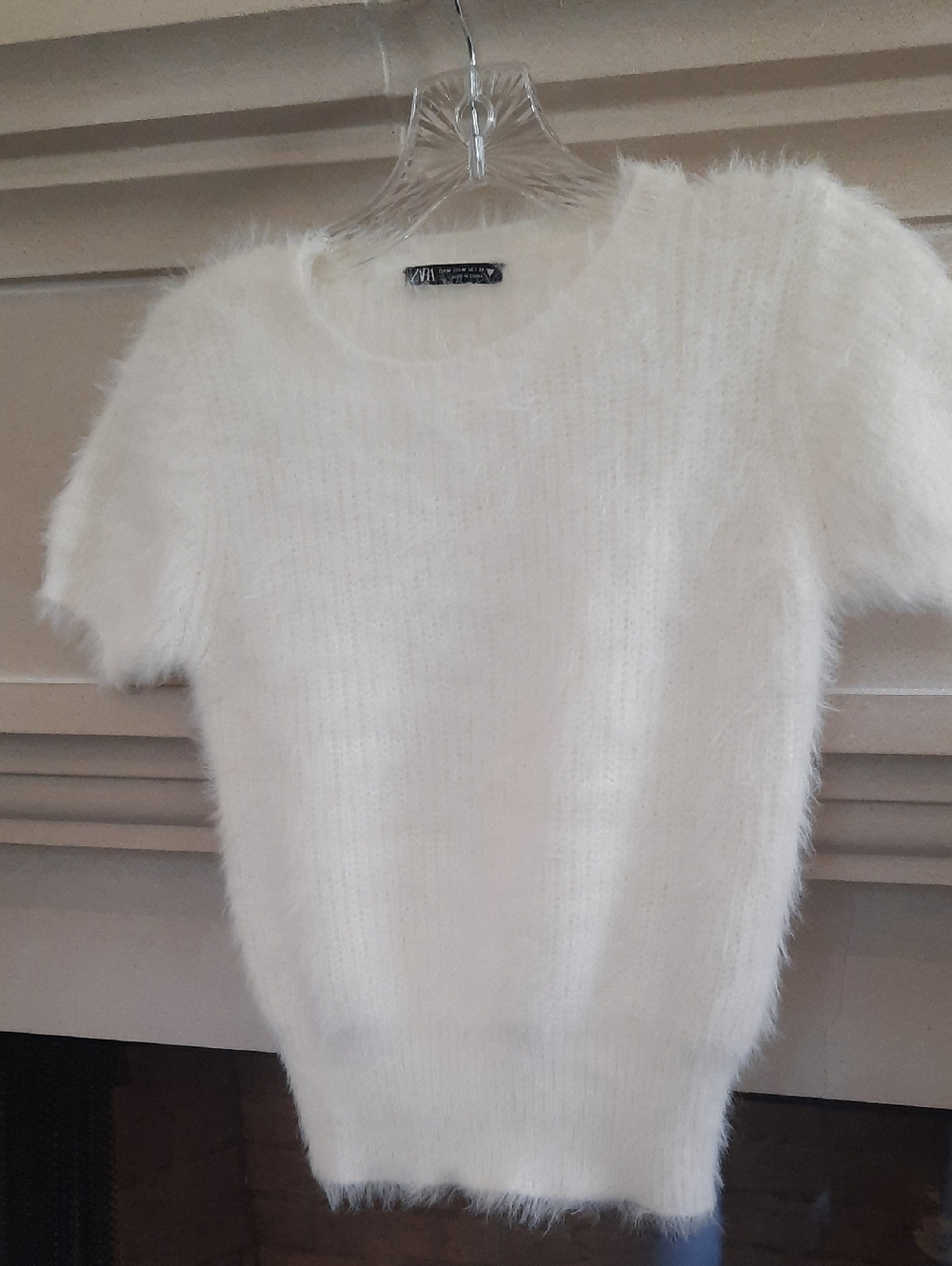Zara Cream Synthetic Angora Short-Sleeve Crew Neck Sweater